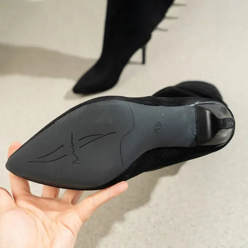 2024 Plus Size Shoes Ladies Knee-High Women's Boots Slip on Modern Boots Women Pleated Pointed Toe High Thin Heels Women's Shoes - Mammalook