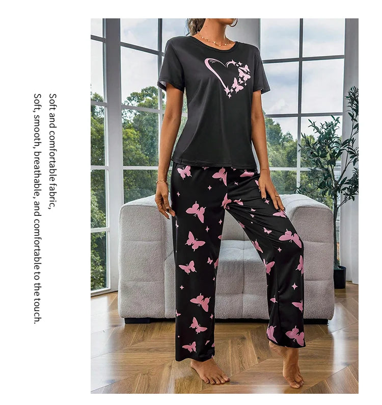 Pajamas Sets - Short Sleeve Tops With Pants Set Butterfly Printing