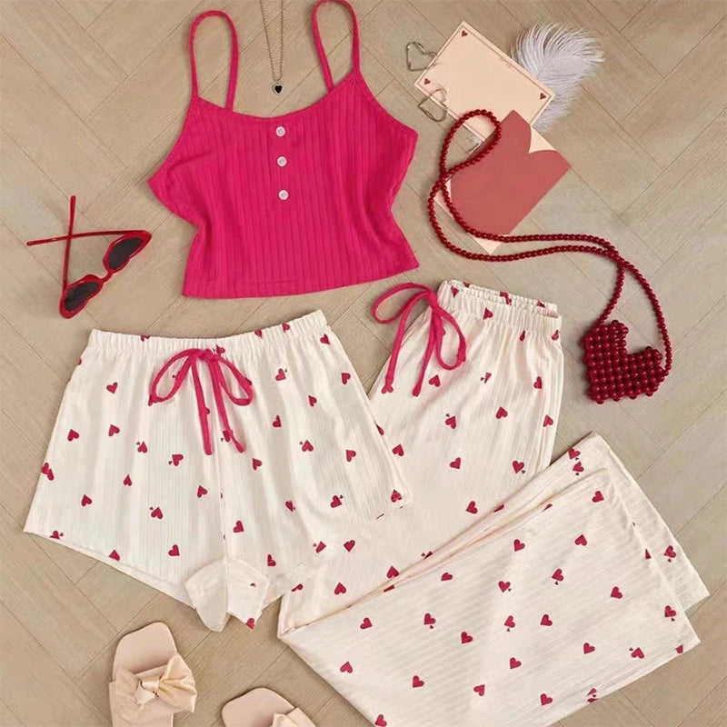 3-Piece Women’s Sleepwear Set – Ribbed Cami, Shorts & Trousers