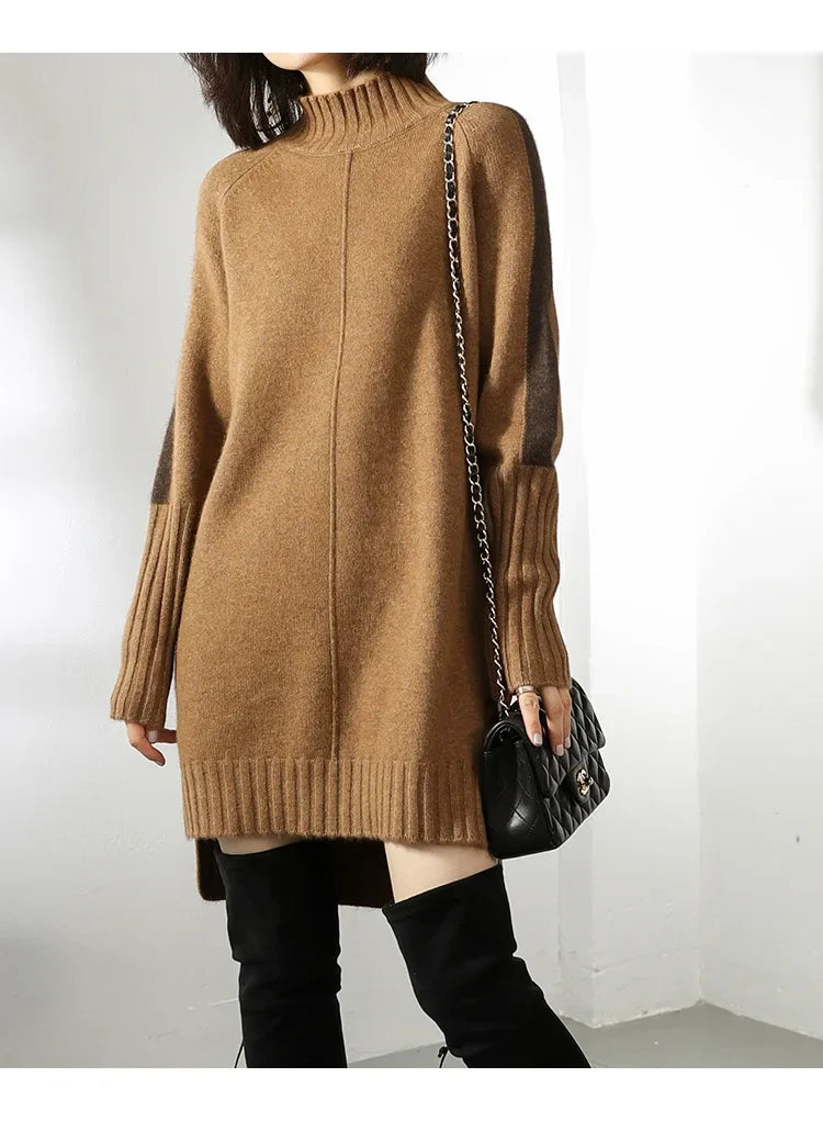 Turtleneck Knitted Sweater Women Pullovers Dress Autumn Winter Warm Thick Jumpers Wool Knit Crochet Y2k Split Jumper Cardigan