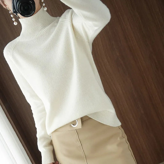 Turtleneck Pullover Fall/winter 2024 Cashmere Sweater Women Pure Color Casual Long-sleeved Loose Pullover Bottoming Women's - Mammalook