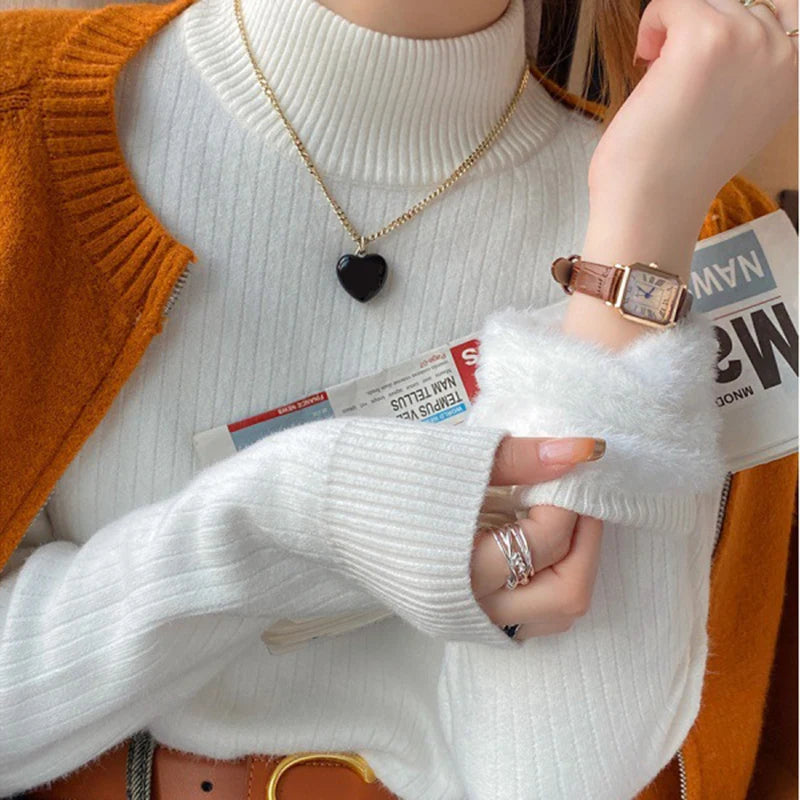Women's Turtleneck Sweater Winter Retro Red With Velvet Lining Thickened Wear Knitting Thermal Bottoming Shirt - Mammalook