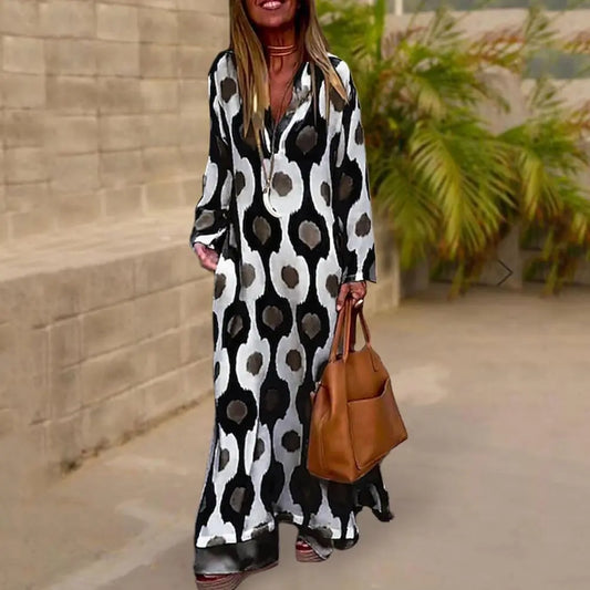 Women Maxi Dress Printing V-neck Beach Dress Hem Slit Contrast Color Maxi Dress Long Sleeves Lady Summer Dress Female Clothes - Mammalook