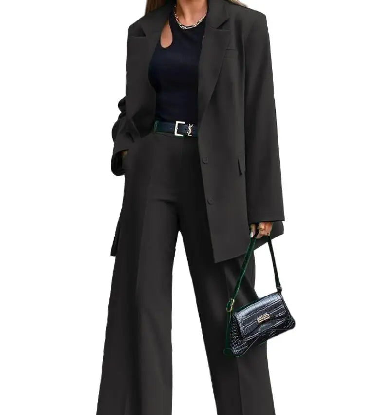 Solid Turn-Down Collar Coat & Wide Leg Trousers