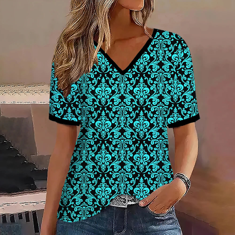 Fashion Women T Shirt Stripes Print Gradient V Neck Short Sleeve Basic Tops Streetwear Summer Oversized Clothing Female T-Shirts - Mammalook
