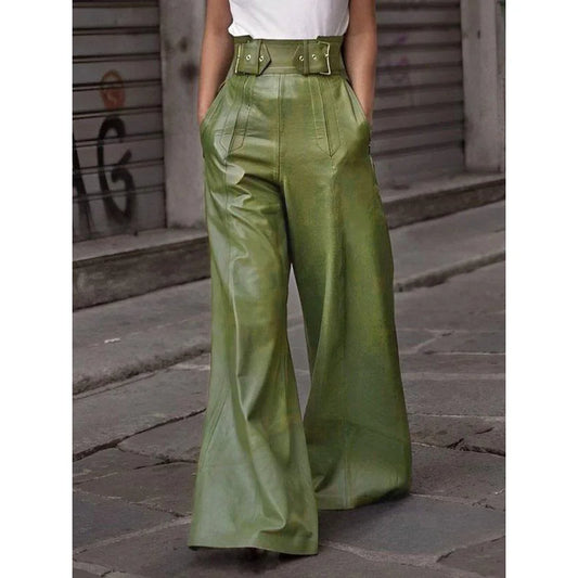 High-Waisted Faux PU Wide-Leg Pants: Loose Trousers with Pockets