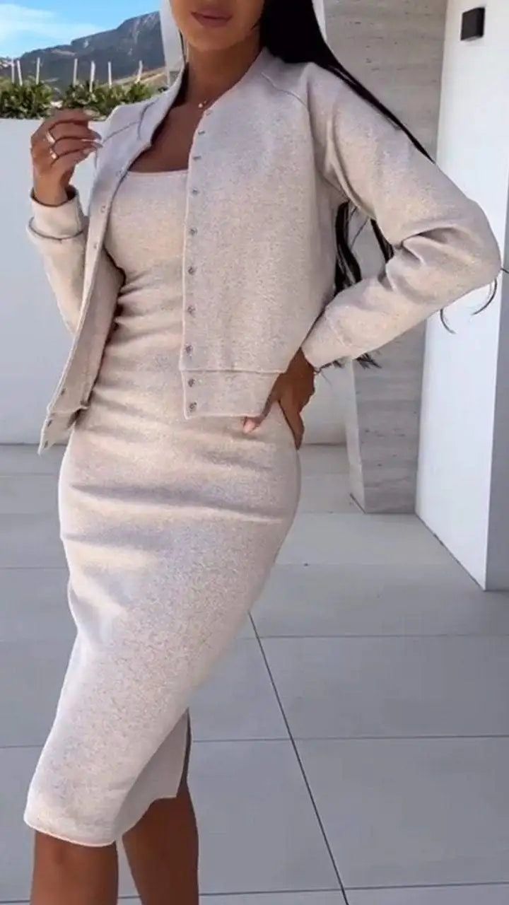 Slim Fit Suit Set – High Waist Cardigan & Halter Skirt