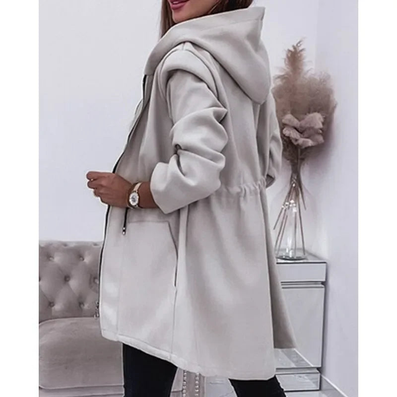 Hooded Zipper Coat - Long Section Pockets