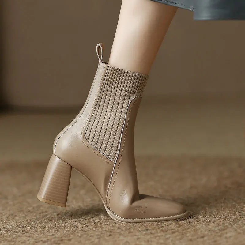 Women’s Genuine Leather Ankle Boots – Knitted High Heel Office Shoes