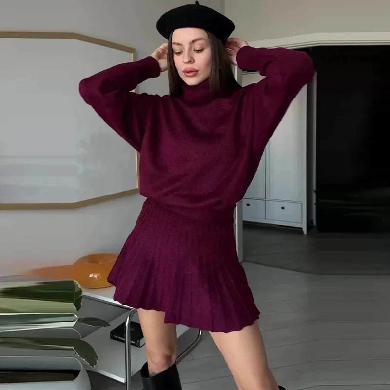 Turtleneck Knit Pullover Set: Women’s Long-Sleeve Sweater with Pleated Mini Skirt