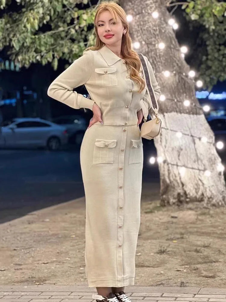 2-Piece Knit Set: Lapel Cropped Knitwear Pullover Top with Wrap-Style Ankle-Length Skirt Tracksuit