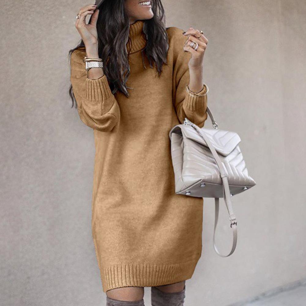 Women's Turtleneck Knitted Sweater Dress – Loose Fit Knee-Length Winter Pullover
