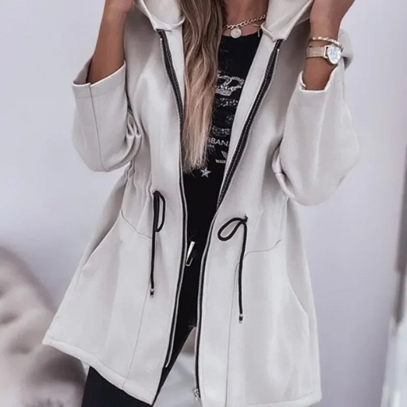 Hooded Zipper Coat - Long Section Pockets