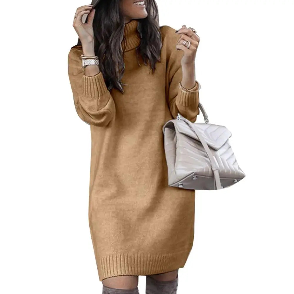 Women's Turtleneck Knitted Sweater Dress – Loose Fit Knee-Length Winter Pullover
