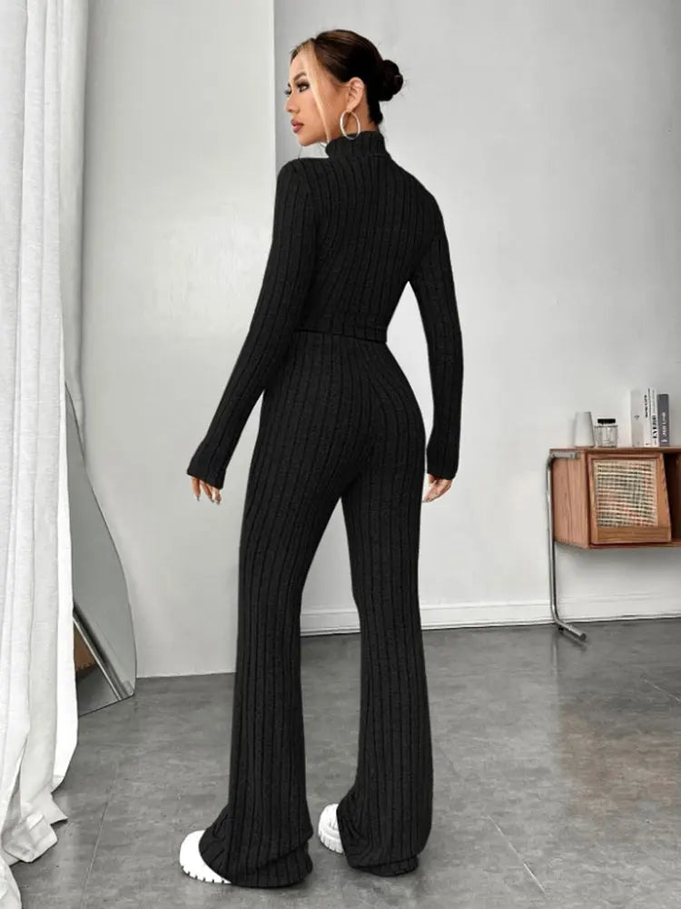 Two Piece Set - Knit Striped Long Sleeve T-Shirt and Pants