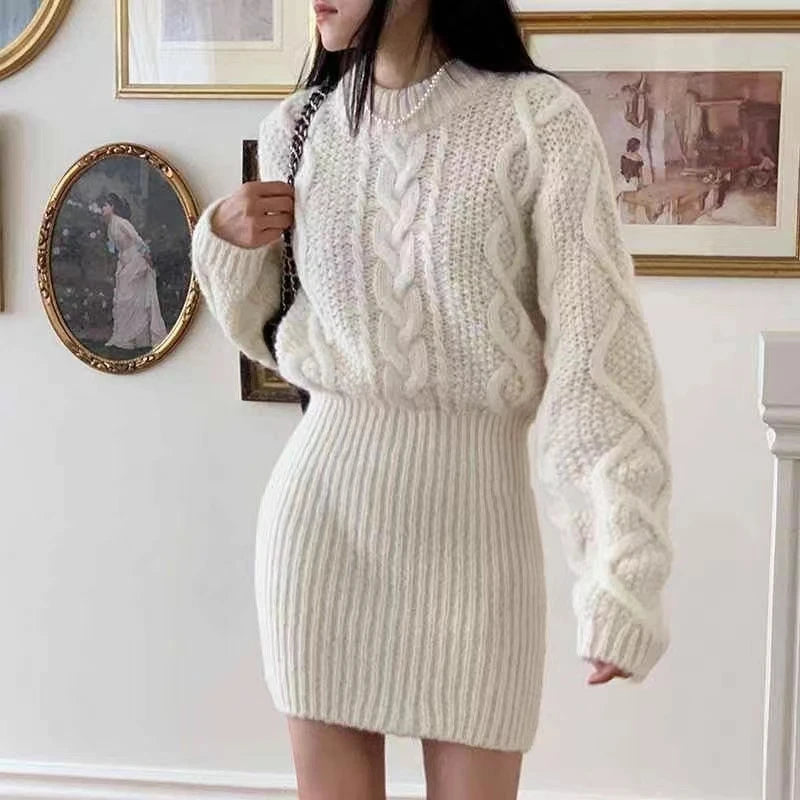 Bodycon Knit Dress Chunky Cable-knit Long Sleeve Ribbed Mini Sweater Dress Women Autumn Winter Outfit - Mammalook