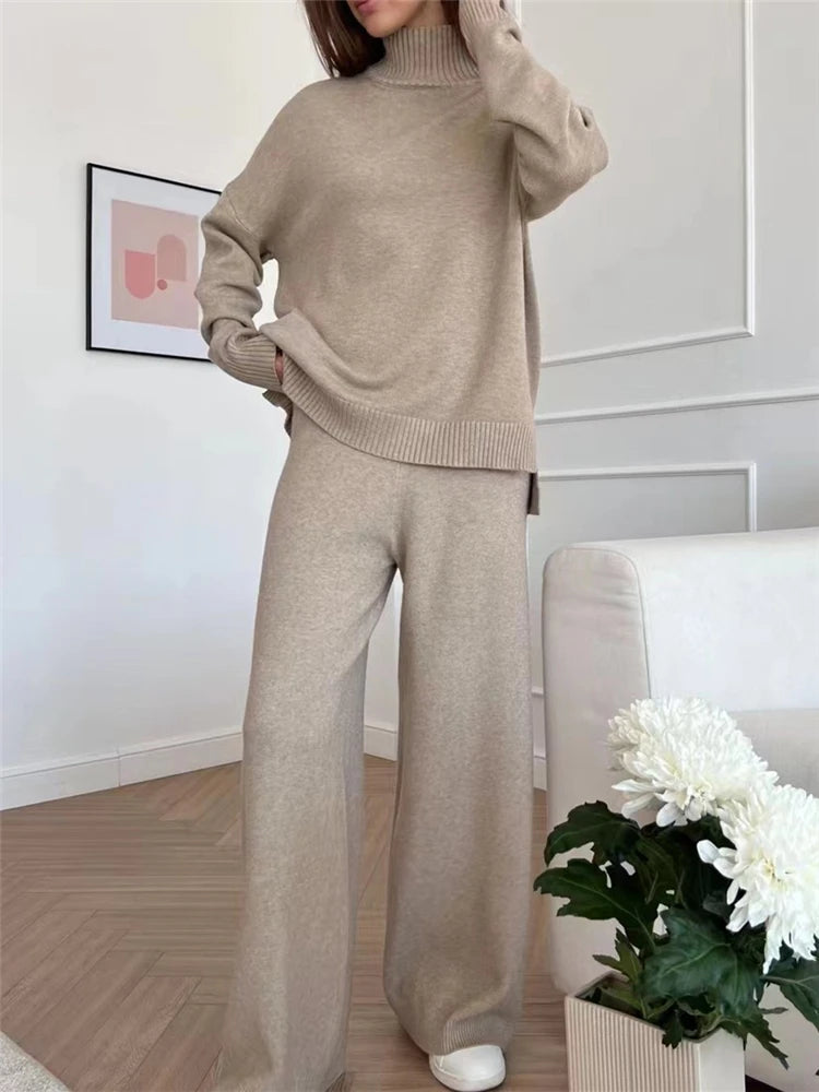 Two-Pieces Sets - Knitted Tracksuit Turtleneck Sweater and Straight Jogging Pants