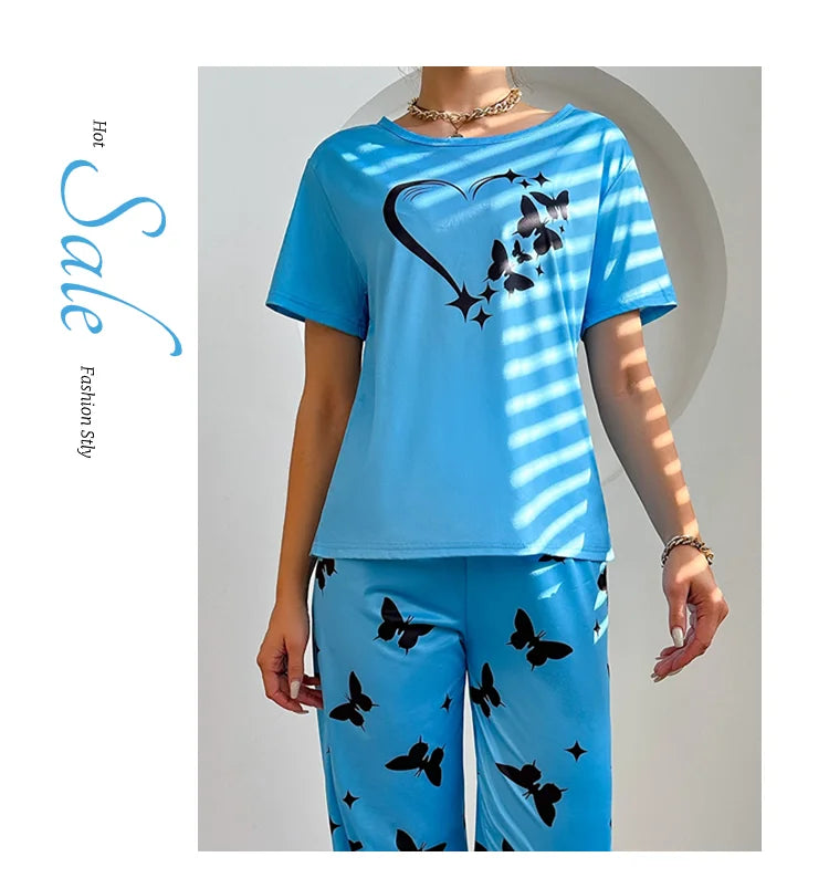 Pajamas Sets - Short Sleeve Tops With Pants Set Butterfly Printing