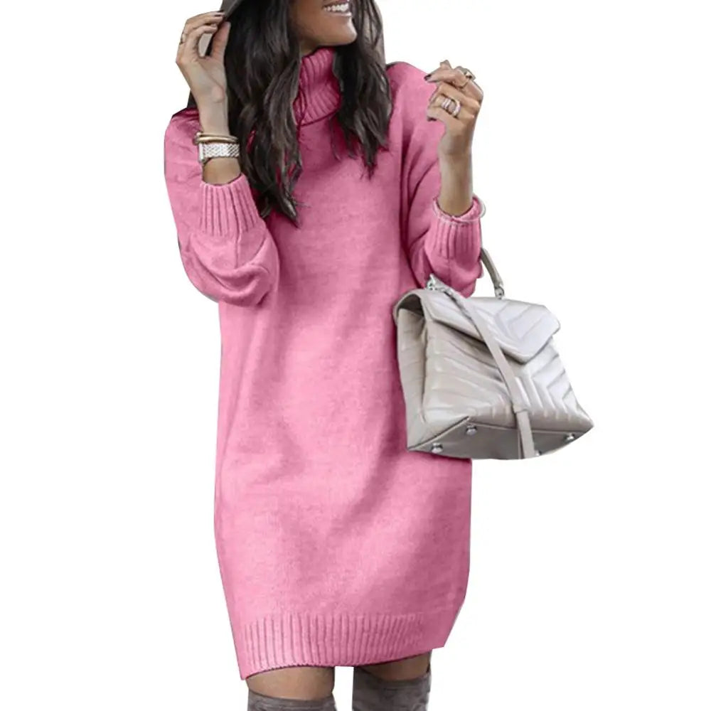 Women's Turtleneck Knitted Sweater Dress – Loose Fit Knee-Length Winter Pullover