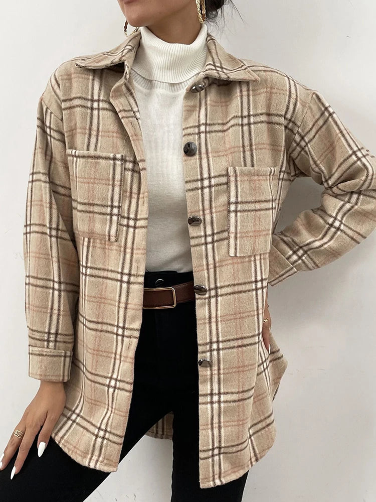 Autumn Spring Vintag Plaid Shirt Women Casual White Long Sleeve Pocket Collared Shirts Top Clothes Fashion New 2023 Fall - Mammalook