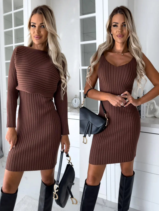 Women’s Autumn Winter 2-Piece Set – Elegant Long Sleeve Pullover & Dress