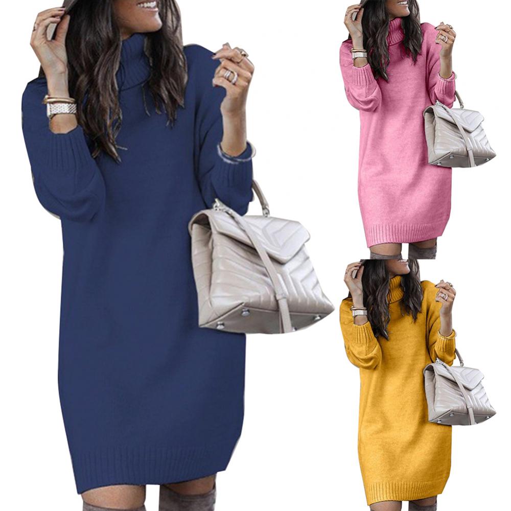 Women's Turtleneck Knitted Sweater Dress – Loose Fit Knee-Length Winter Pullover