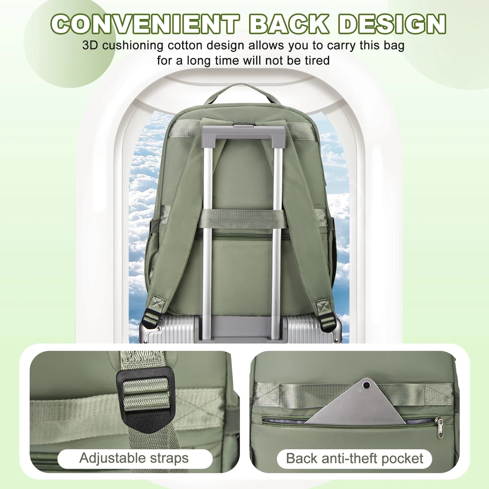 Cabin bag 45*36*20, lightweight large-capacity travel computer backpack, women's backpack, boarding backpack, gray green - Mammalook