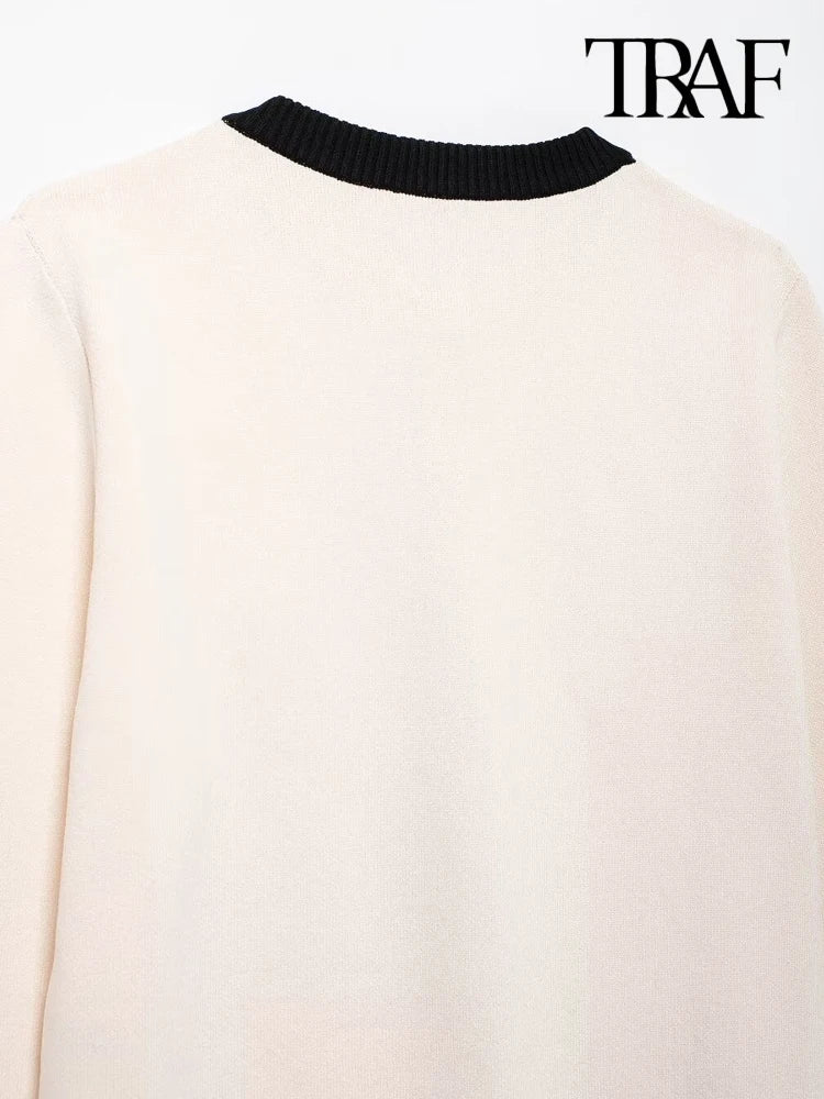 Knitted Cardigan with Golden Button, O-Neck Long-Sleeve