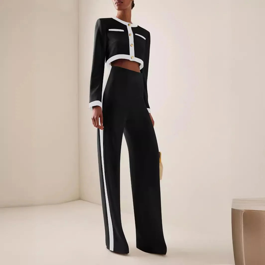 Two-Piece Set: Round Neck Long Sleeve Button-Up Top with Loose Wide-Leg Pants