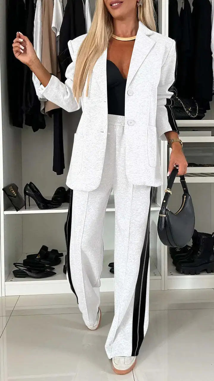 Two-Piece Set - V-neck Long Sleeve Blazer, Straight Leg Pant Sports