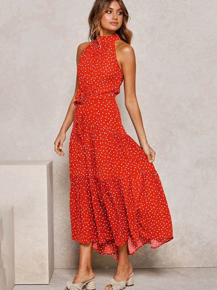 Summer Long Dress Polka Dot Casual Dresses Sexy Halter Strapless New 2024 Yellow Sundress Vacation Clothes For Women - Mammalook
