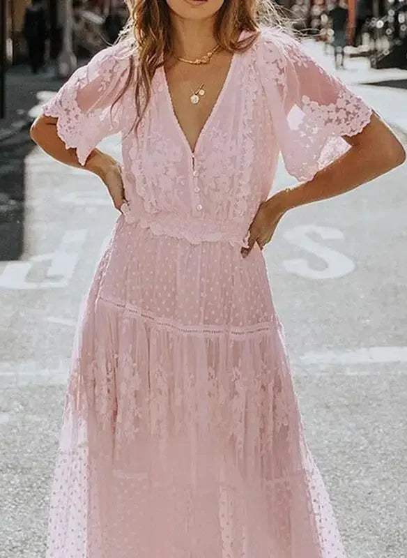Elegant Dress Women Off Shoulder Lace Patchwork Dress Casual Bohemian Deep V Neck Short Sleeve Loose Vestidos Summer Dresses - Mammalook