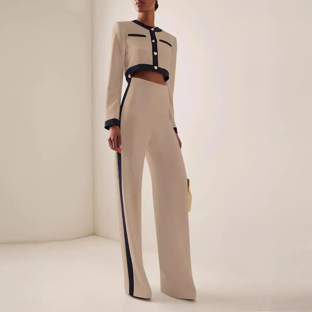 Two-Piece Set: Round Neck Long Sleeve Button-Up Top with Loose Wide-Leg Pants