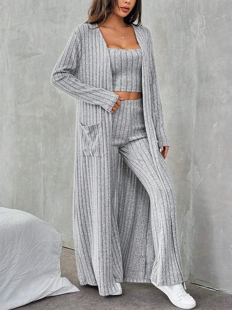 3-Piece Knit Lounge Set – High Waist Flare Pants, Crop Top & Duster Cardigan