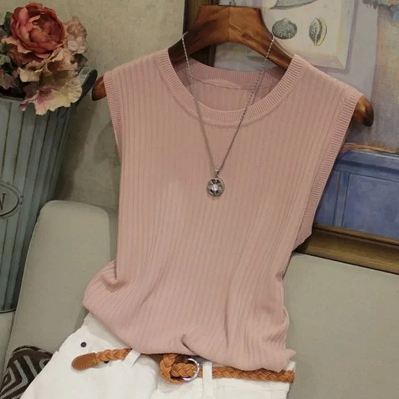 Knitted Vests Women Top O-neck Solid Tank Blusas Mujer De Moda Spring Summer New Fashion Female Sleeveless Casual Thin Tops 4588 - Mammalook
