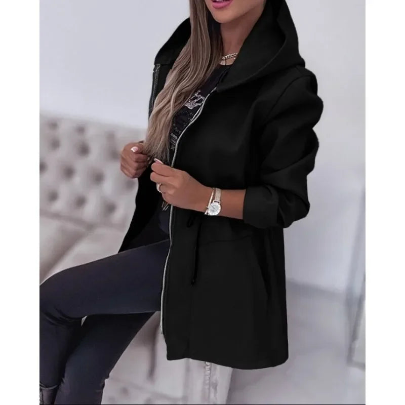 Hooded Zipper Coat - Long Section Pockets