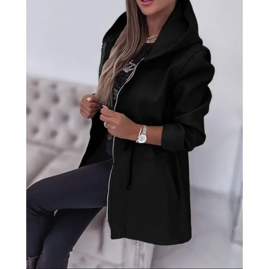 Hooded Zipper Coat - Long Section Pockets