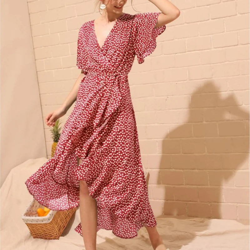 Women Summer Dresses Bohemian Sexy V-Neck Irregular High Waist Lace-up Chiffon Print Dress Casual Beach Long Dress - Mammalook