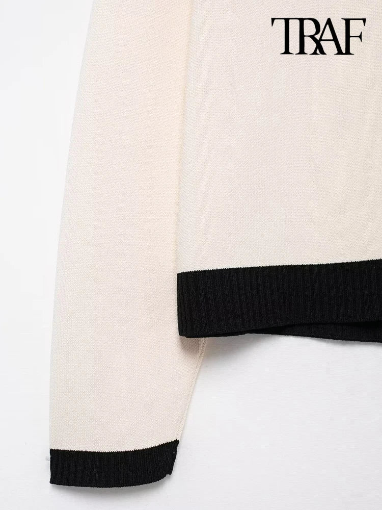 Knitted Cardigan with Golden Button, O-Neck Long-Sleeve