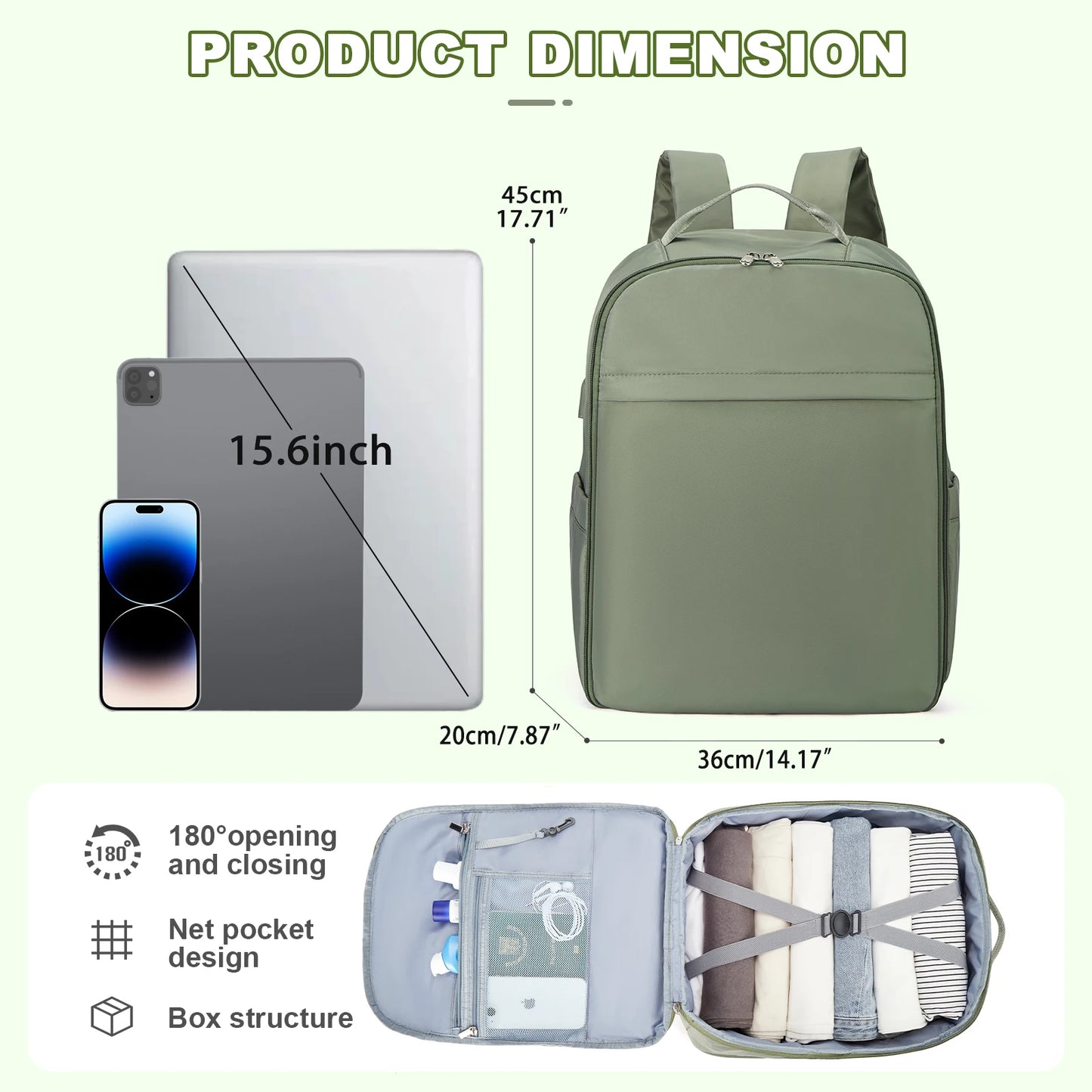 Cabin bag 45*36*20, lightweight large-capacity travel computer backpack, women's backpack, boarding backpack, gray green - Mammalook