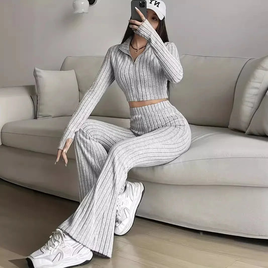 2-Piece Set: Zipper Long Sleeve Cropped Top and High-Waisted Bell-Bottom Pants