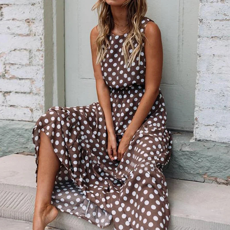 Polka Dot Midi Dress – Sleeveless Boho A-Line Summer Style