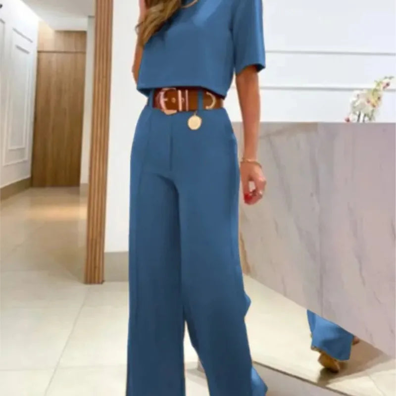 Two-Piece Set: Short Sleeve Top with Wide-Leg Long Pants