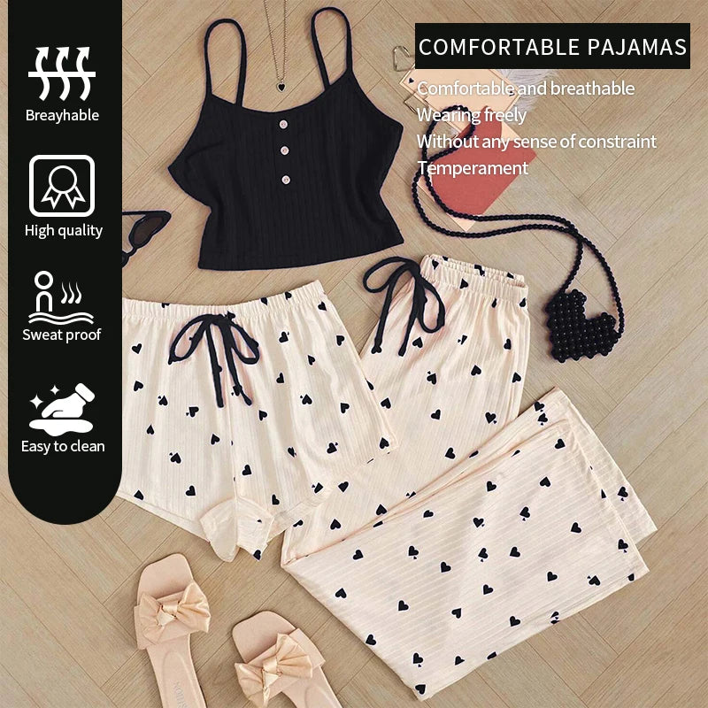 3-Piece Women’s Sleepwear Set – Ribbed Cami, Shorts & Trousers