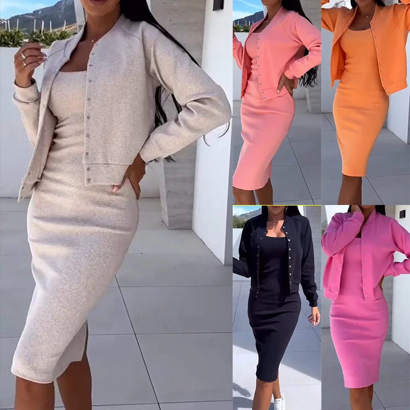 Slim Fit Suit Set – High Waist Cardigan & Halter Skirt