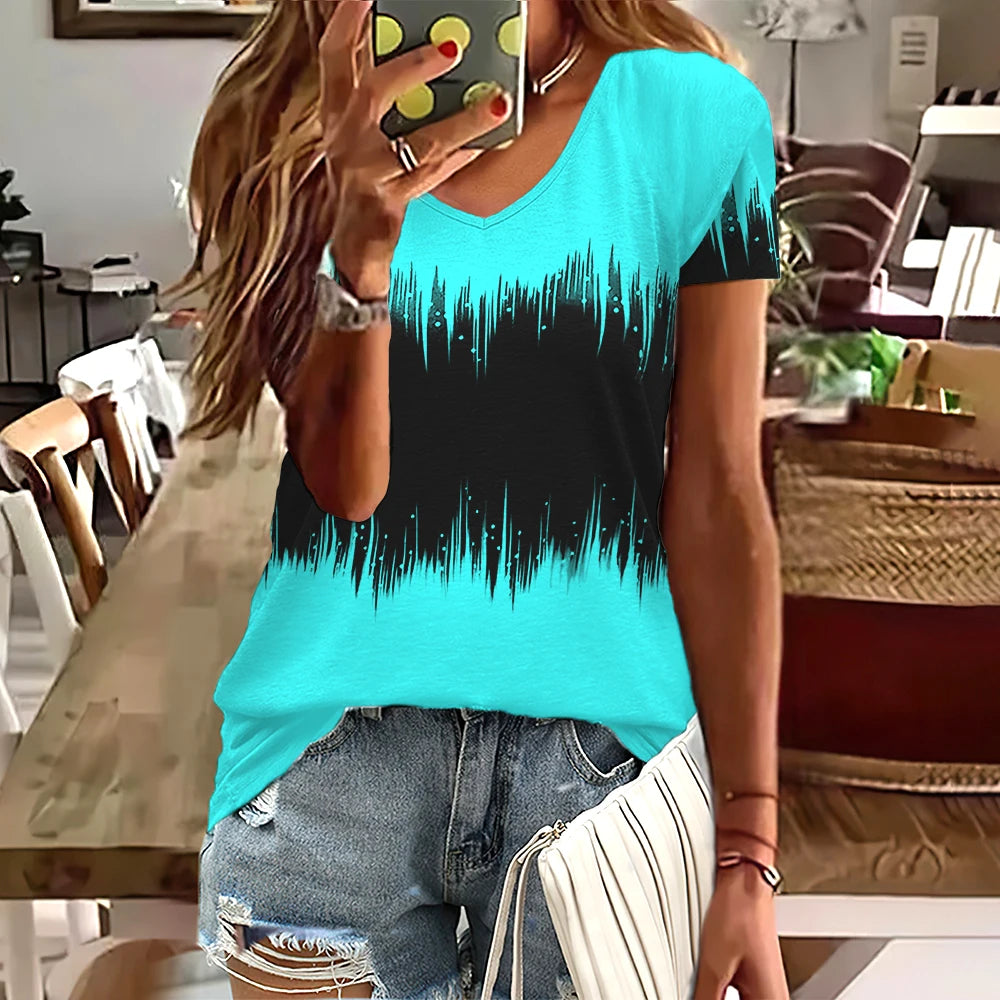 Fashion Women T Shirt Stripes Print Gradient V Neck Short Sleeve Basic Tops Streetwear Summer Oversized Clothing Female T-Shirts - Mammalook