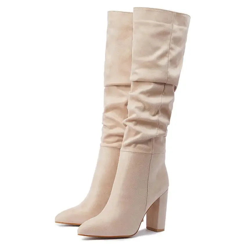 High-quality Leather/suede Pleated Knee-High Boots for Womens Sexy Pointed Toe 10CM Chunky Heels Knight Boots Winter New - Mammalook