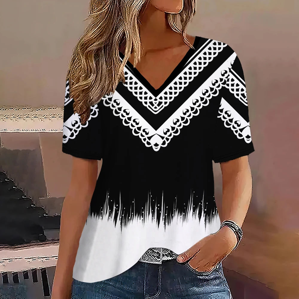 Fashion Women T Shirt Stripes Print Gradient V Neck Short Sleeve Basic Tops Streetwear Summer Oversized Clothing Female T-Shirts - Mammalook