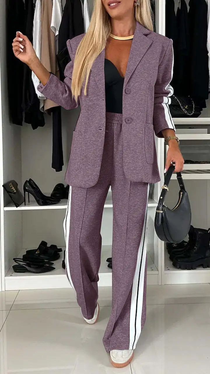Two-Piece Set - V-neck Long Sleeve Blazer, Straight Leg Pant Sports
