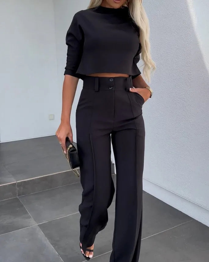 Small High Neck Fit Women's Set Solid Pocket Micro Horn Pants Set for office lady Outfits - Mammalook